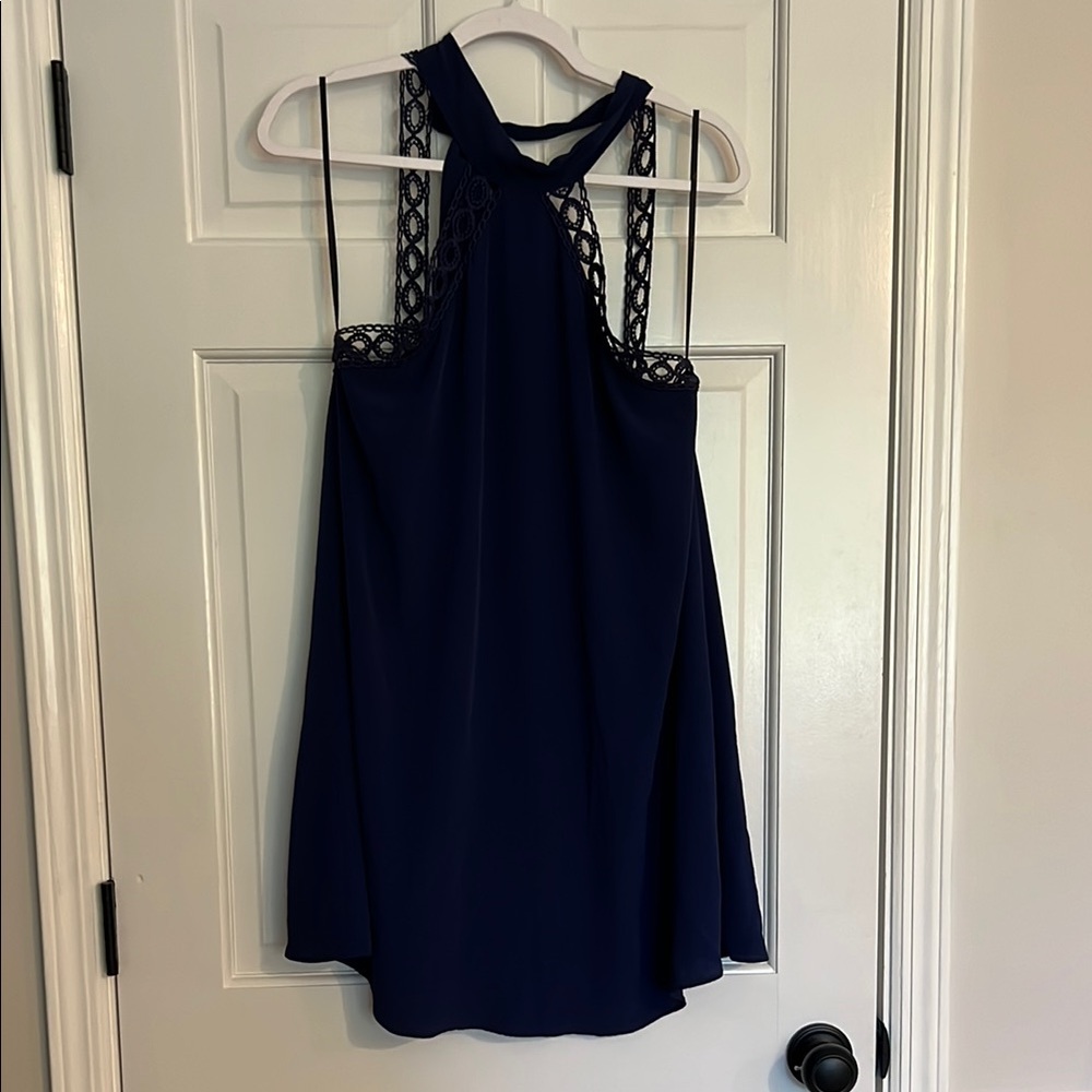 Lulus Navy Blue Halter Dress with Lace Details